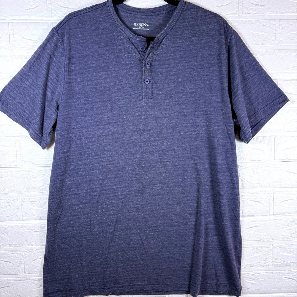Merona Henley Shirt Mens XL Blue Short Sleeve Three Button Casual Tee